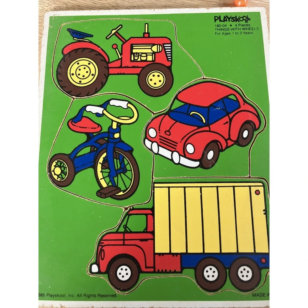 Vintage PlaySkool‎ Wooden Puzzle 4 Pieces 180-04 Things with Wheels Made USA